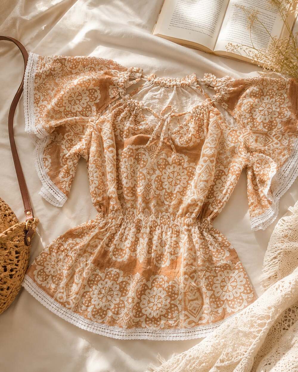 Y2K Boho Coquette Floral Lace Flutter Sleeve Peasant Top - Picture 3 of 8